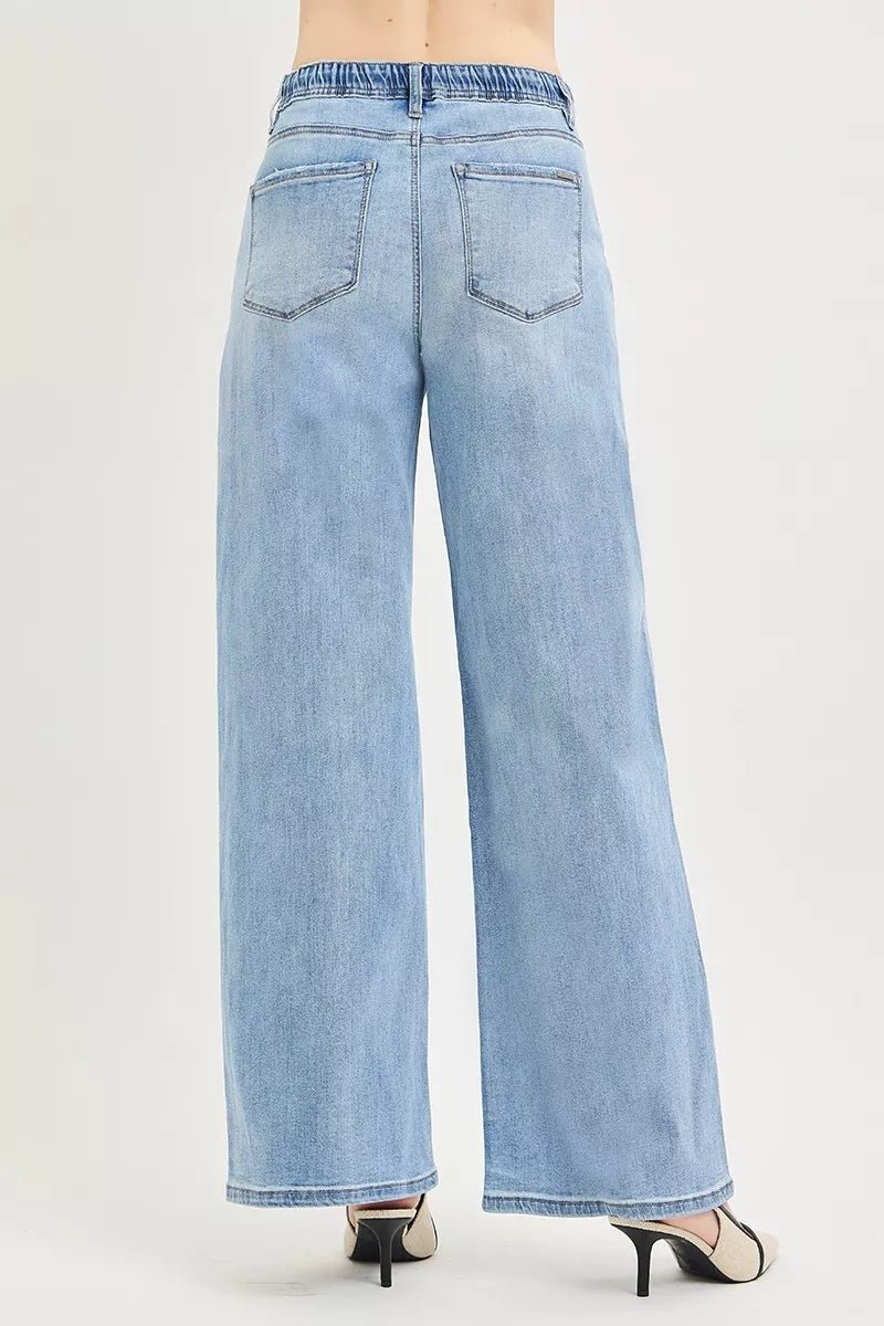 RISEN Elastic Band Slouchy Wide Jeans with Drawstring - Bitsy Gypsy Boutique
