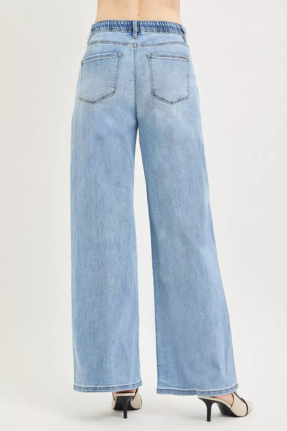 RISEN Elastic Band Slouchy Wide Jeans with Drawstring - Bitsy Gypsy Boutique