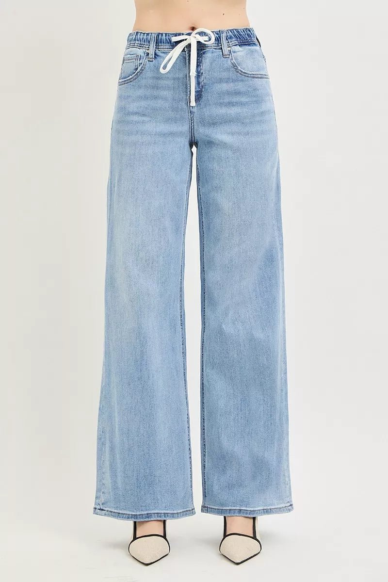 RISEN Elastic Band Slouchy Wide Jeans with Drawstring - Bitsy Gypsy Boutique