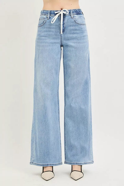 RISEN Elastic Band Slouchy Wide Jeans with Drawstring - Bitsy Gypsy Boutique