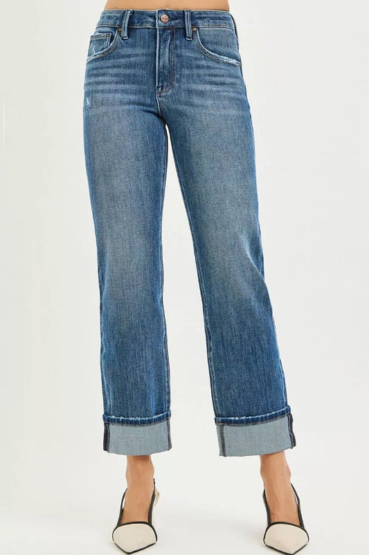 RISEN Full Size 4 Way Stretch Slouchy Straight Jeans with Cuffed Hem Plus Size - Bitsy Gypsy Boutique