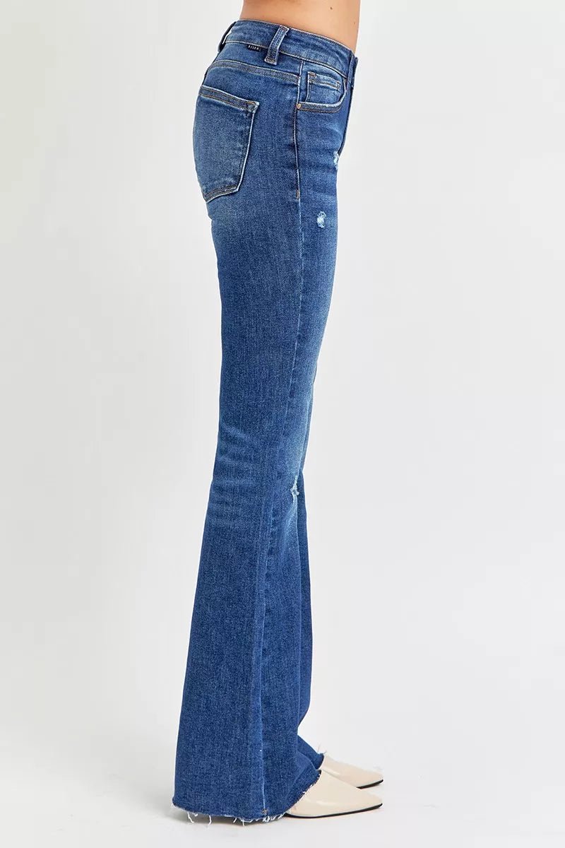 RISEN Full Size Distressed Mid Rise Flare Jeans Plus Size - Bitsy Gypsy Boutique
