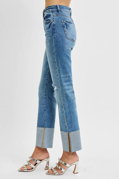 RISEN Full Size High Rise Ankle Straight Wide Cuffed Jeans Plus Size - Bitsy Gypsy Boutique