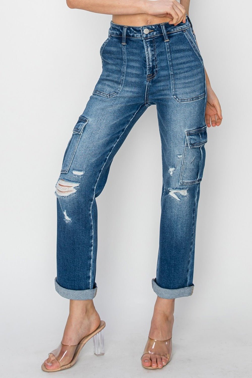 RISEN Full Size High Rise Cargo Ankle Roll Up Straight Jeans - Bitsy Gypsy Boutique