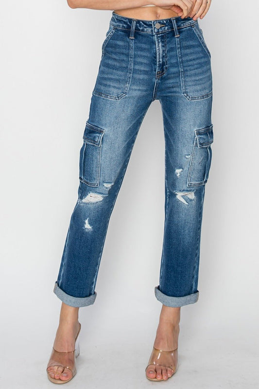RISEN Full Size High Rise Cargo Ankle Roll Up Straight Jeans - Bitsy Gypsy Boutique