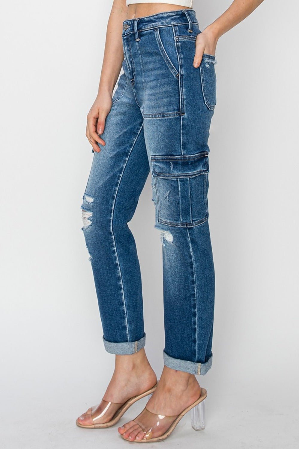 RISEN Full Size High Rise Cargo Ankle Roll Up Straight Jeans - Bitsy Gypsy Boutique