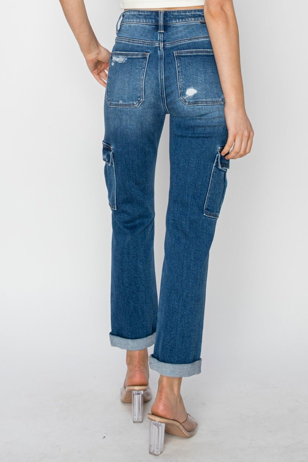 RISEN Full Size High Rise Cargo Ankle Roll Up Straight Jeans - Bitsy Gypsy Boutique