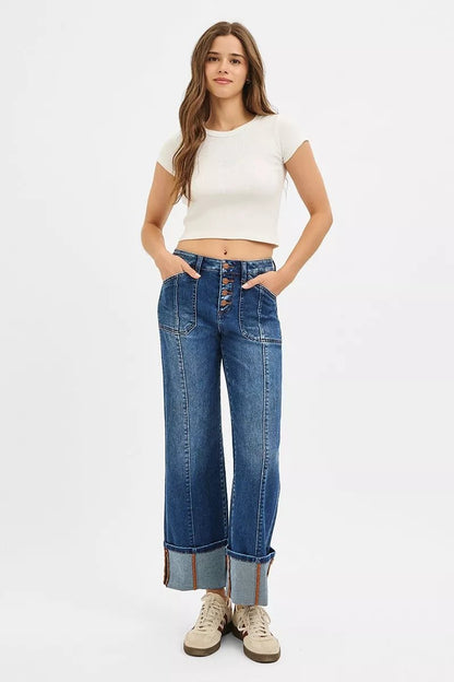 RISEN Full Size High Rise Crop Wide Straight Cuffed Jeans Plus Size - Bitsy Gypsy Boutique