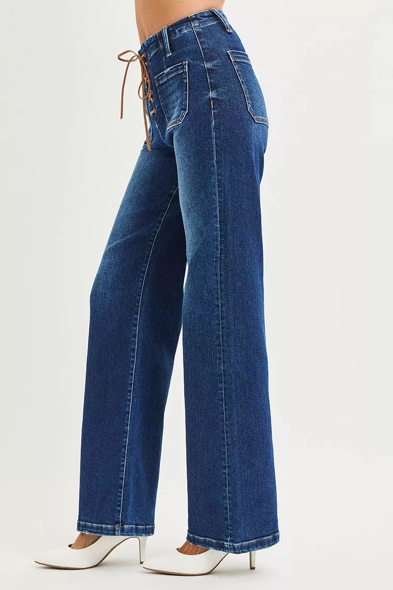 RISEN Full Size High Rise Wide Leg Jeans with Front Tie Detail Plus Size - Bitsy Gypsy Boutique