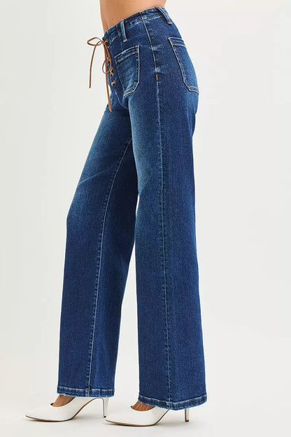 RISEN Full Size High Rise Wide Leg Jeans with Front Tie Detail Plus Size - Bitsy Gypsy Boutique
