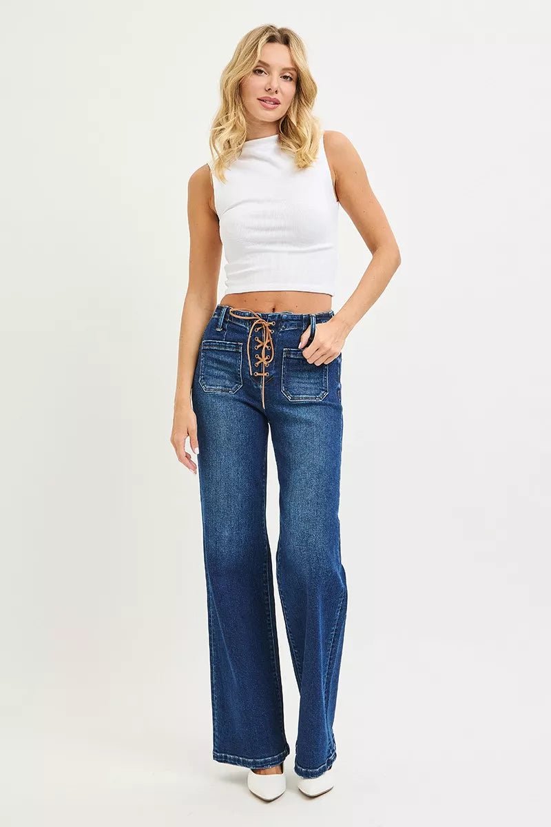 RISEN Full Size High Rise Wide Leg Jeans with Front Tie Detail Plus Size - Bitsy Gypsy Boutique