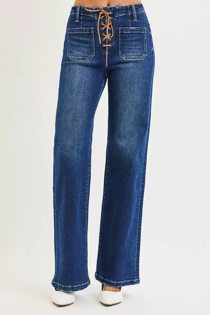 RISEN Full Size High Rise Wide Leg Jeans with Front Tie Detail Plus Size - Bitsy Gypsy Boutique
