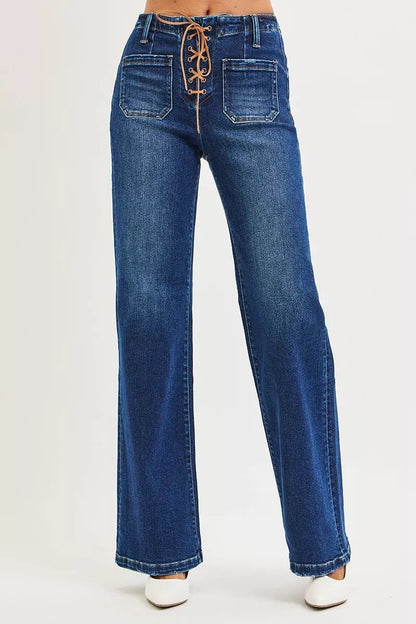 RISEN Full Size High Rise Wide Leg Jeans with Front Tie Detail Plus Size - Bitsy Gypsy Boutique