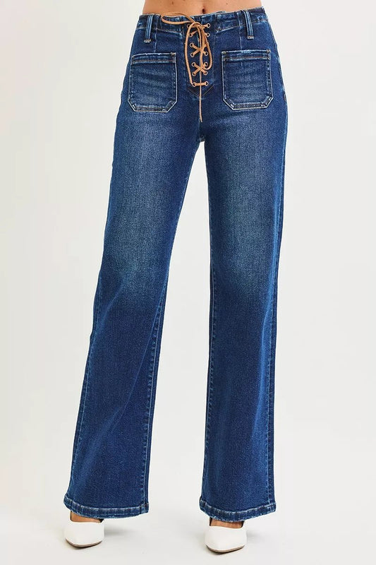 RISEN Full Size High Rise Wide Leg Jeans with Front Tie Detail Plus Size - Bitsy Gypsy Boutique
