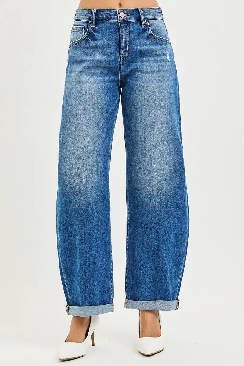 RISEN Full Size Mid Rise Barrel Double Roll Up Jeans Plus Size - Bitsy Gypsy Boutique