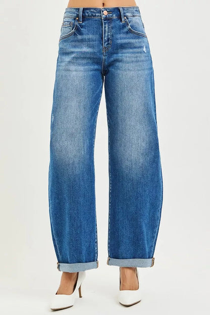 RISEN Full Size Mid Rise Barrel Double Roll Up Jeans Plus Size - Bitsy Gypsy Boutique