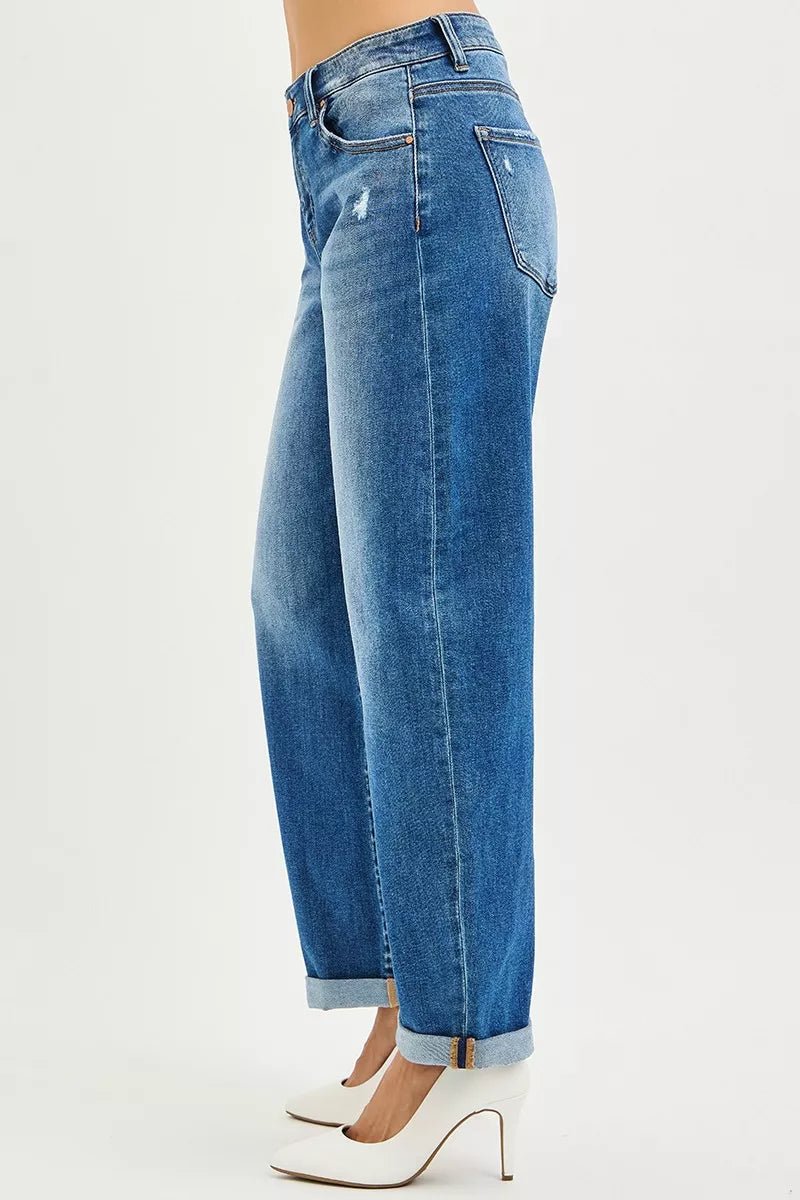 RISEN Full Size Mid Rise Barrel Double Roll Up Jeans Plus Size - Bitsy Gypsy Boutique