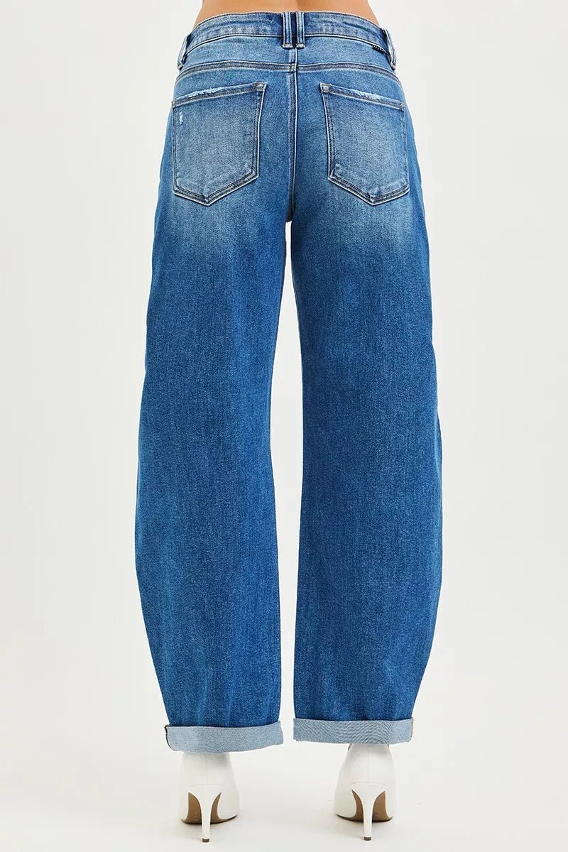 RISEN Full Size Mid Rise Barrel Double Roll Up Jeans Plus Size - Bitsy Gypsy Boutique
