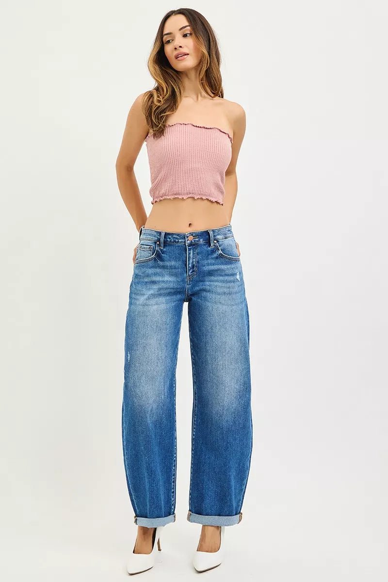RISEN Full Size Mid Rise Barrel Double Roll Up Jeans Plus Size - Bitsy Gypsy Boutique