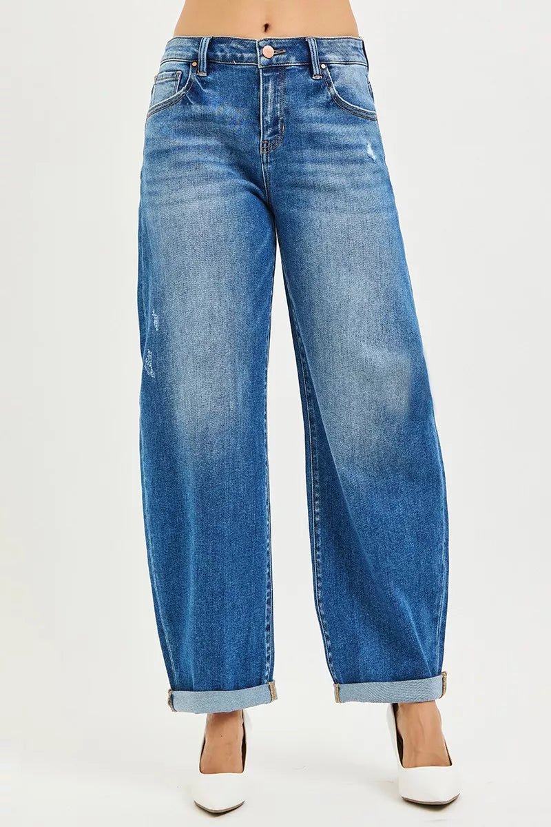 RISEN Full Size Mid Rise Barrel Double Roll Up Jeans Plus Size - Bitsy Gypsy Boutique