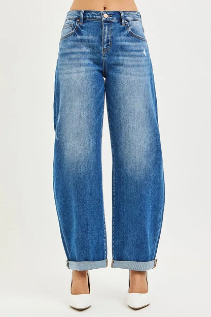 RISEN Full Size Mid Rise Barrel Double Roll Up Jeans Plus Size - Bitsy Gypsy Boutique