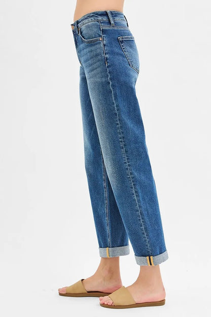 RISEN Full Size Mid Rise Boyfriend Roll Up Jeans - Bitsy Gypsy Boutique