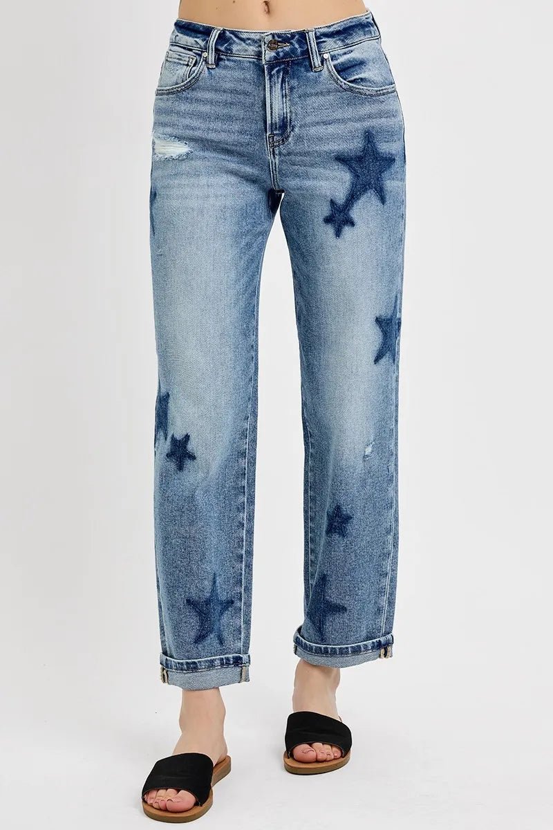 RISEN Full Size Mid Rise Boyfriend Star Shadow Detail Cuffed Jeans Plus Size - Bitsy Gypsy Boutique