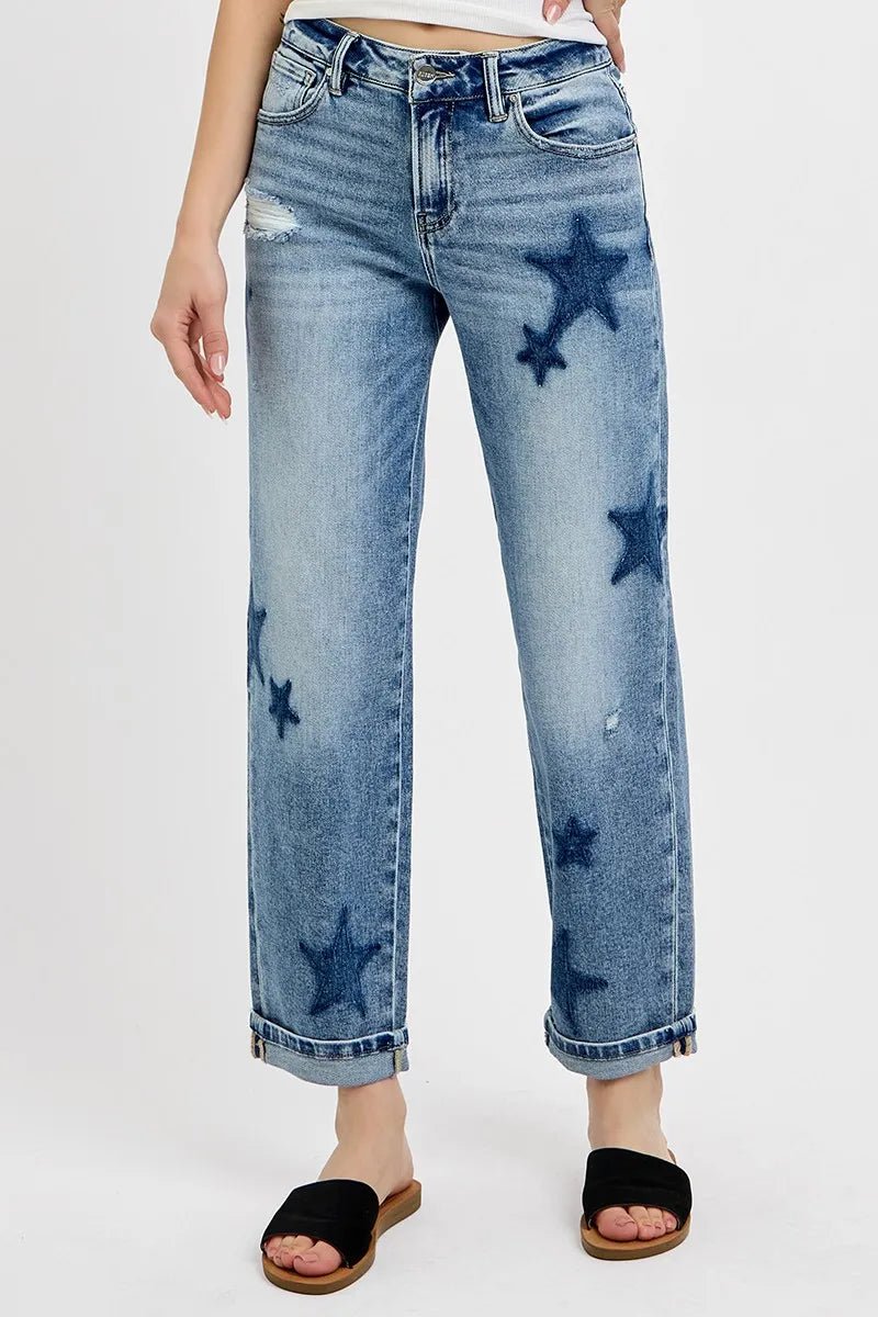RISEN Full Size Mid Rise Boyfriend Star Shadow Detail Cuffed Jeans Plus Size - Bitsy Gypsy Boutique