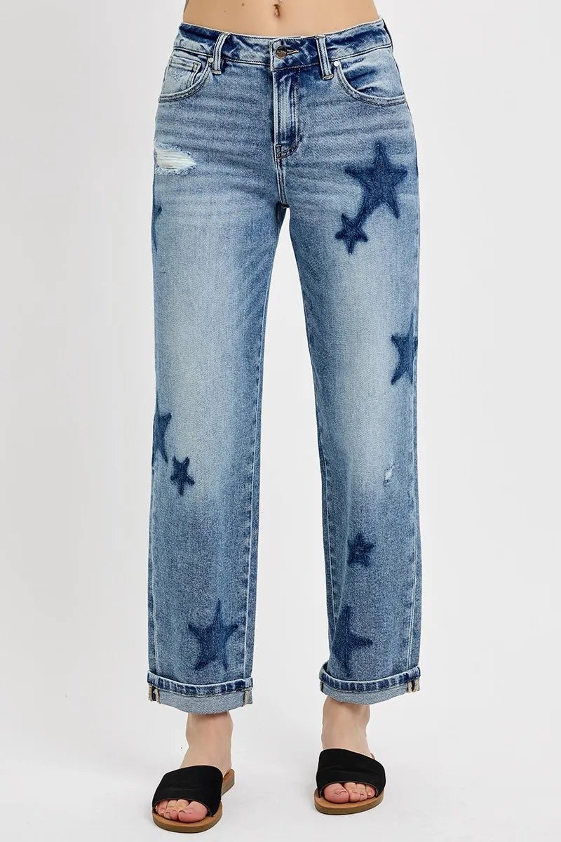 RISEN Full Size Mid Rise Boyfriend Star Shadow Detail Cuffed Jeans Plus Size - Bitsy Gypsy Boutique