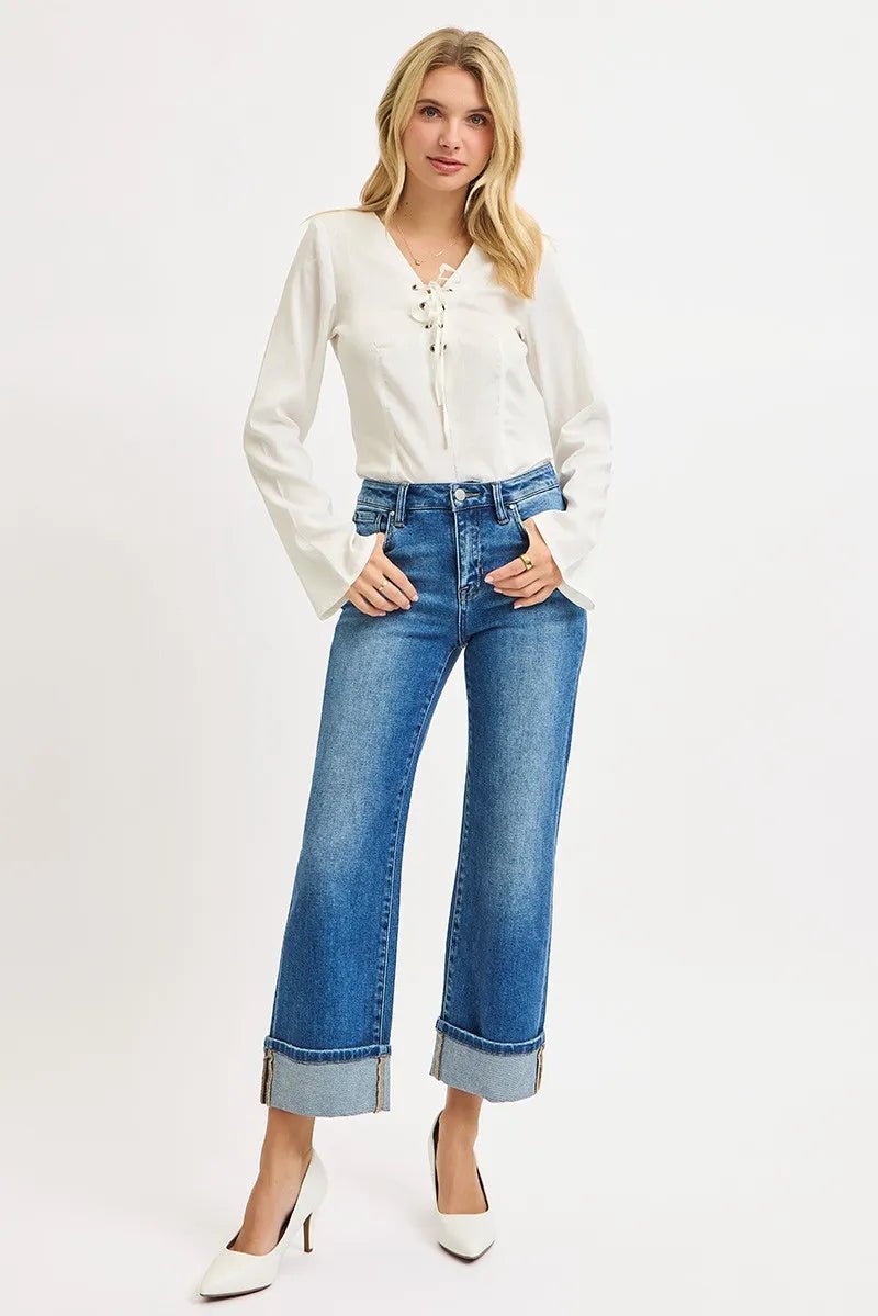 RISEN Full Size Mid Rise Crop Straight Cuffed Jeans Plus Size - Bitsy Gypsy Boutique
