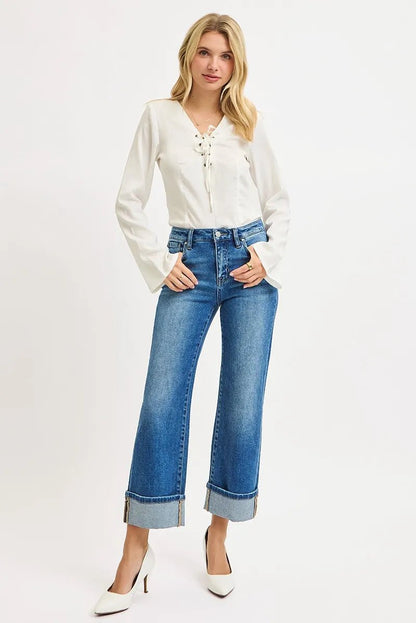 RISEN Full Size Mid Rise Crop Straight Cuffed Jeans Plus Size - Bitsy Gypsy Boutique