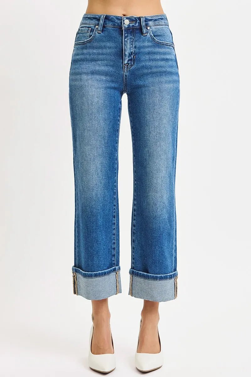 RISEN Full Size Mid Rise Crop Straight Cuffed Jeans Plus Size - Bitsy Gypsy Boutique