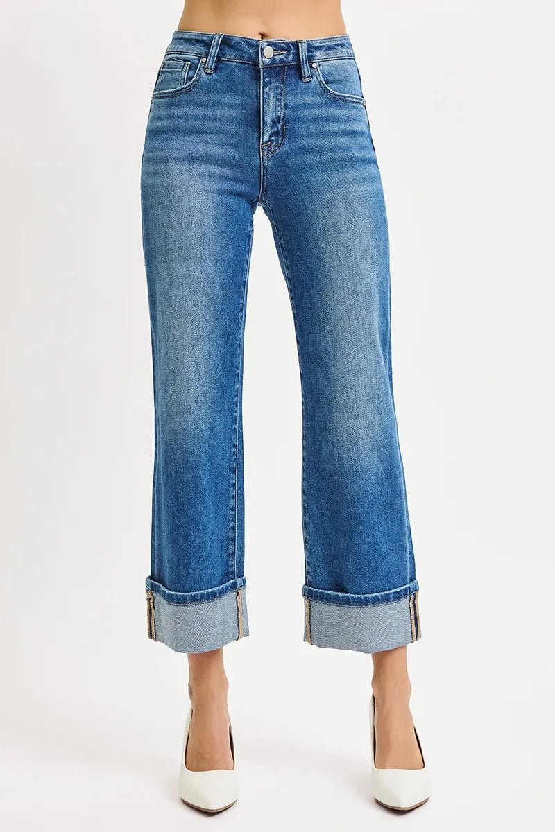 RISEN Full Size Mid Rise Crop Straight Cuffed Jeans Plus Size - Bitsy Gypsy Boutique
