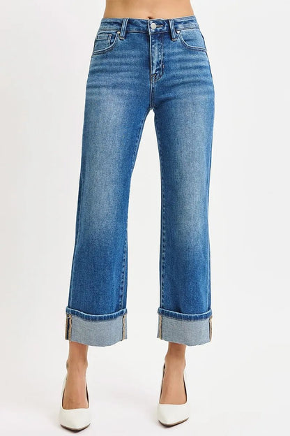 RISEN Full Size Mid Rise Crop Straight Cuffed Jeans Plus Size - Bitsy Gypsy Boutique