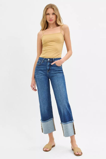RISEN Full Size Mid Rise Crop Wide Wide Cuffed Jeans Plus Size - Bitsy Gypsy Boutique
