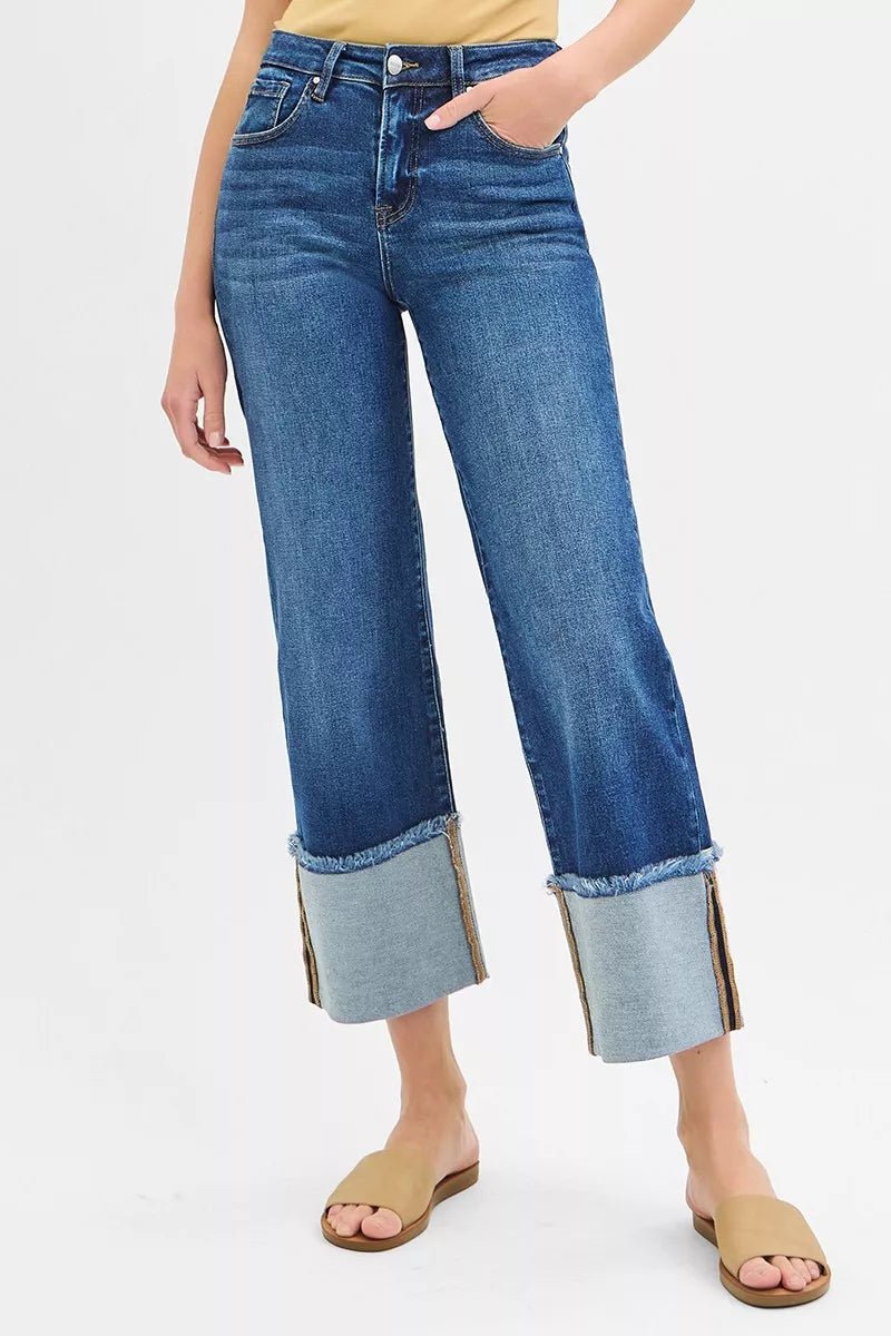 RISEN Full Size Mid Rise Crop Wide Wide Cuffed Jeans Plus Size - Bitsy Gypsy Boutique