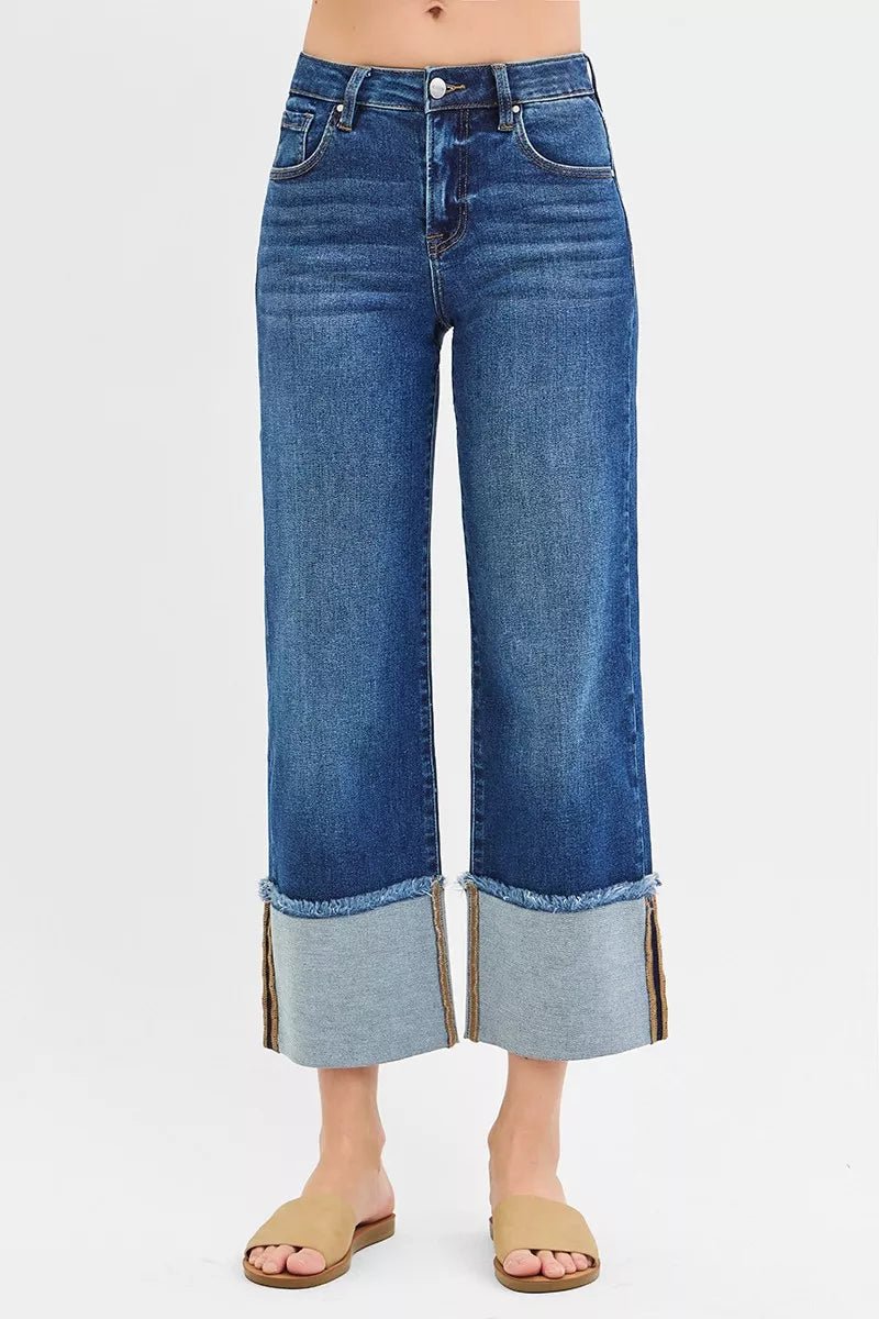 RISEN Full Size Mid Rise Crop Wide Wide Cuffed Jeans Plus Size - Bitsy Gypsy Boutique