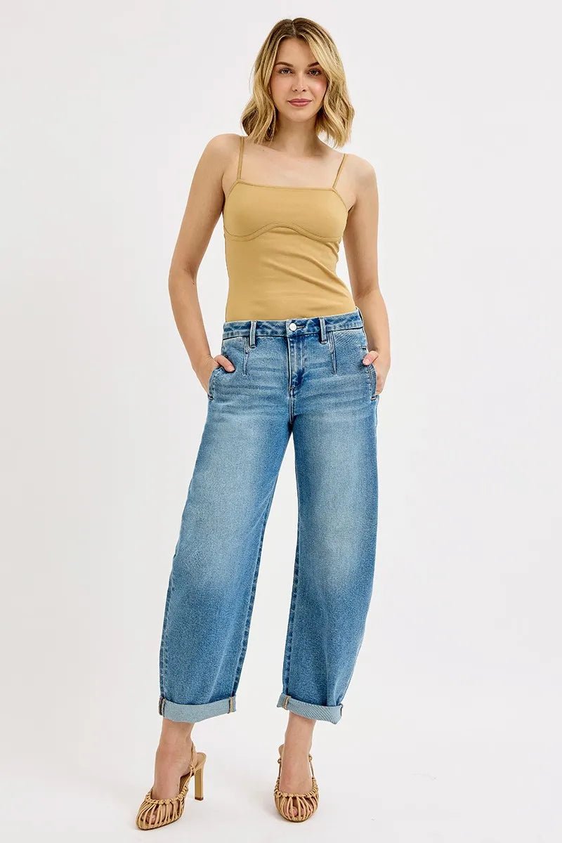 RISEN Full Size Mid Rise Fit Barrel Roll Up Jeans - Bitsy Gypsy Boutique
