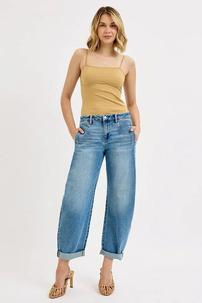 RISEN Full Size Mid Rise Fit Barrel Roll Up Jeans - Bitsy Gypsy Boutique