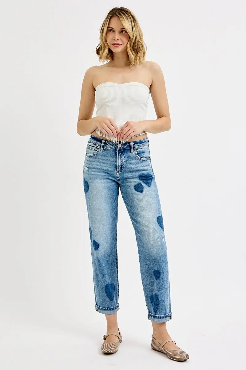 RISEN Full Size Mid Rise Fit - boyfriend Heart Shade Jeans - Bitsy Gypsy Boutique