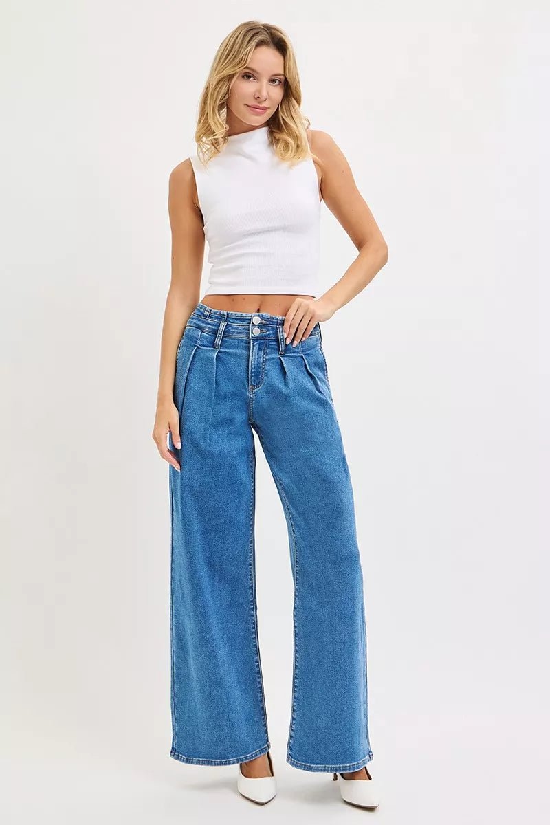 RISEN Full Size Mid Rise Fit Wide Leg with Pleated Detail Jeans Plus Size - Bitsy Gypsy Boutique