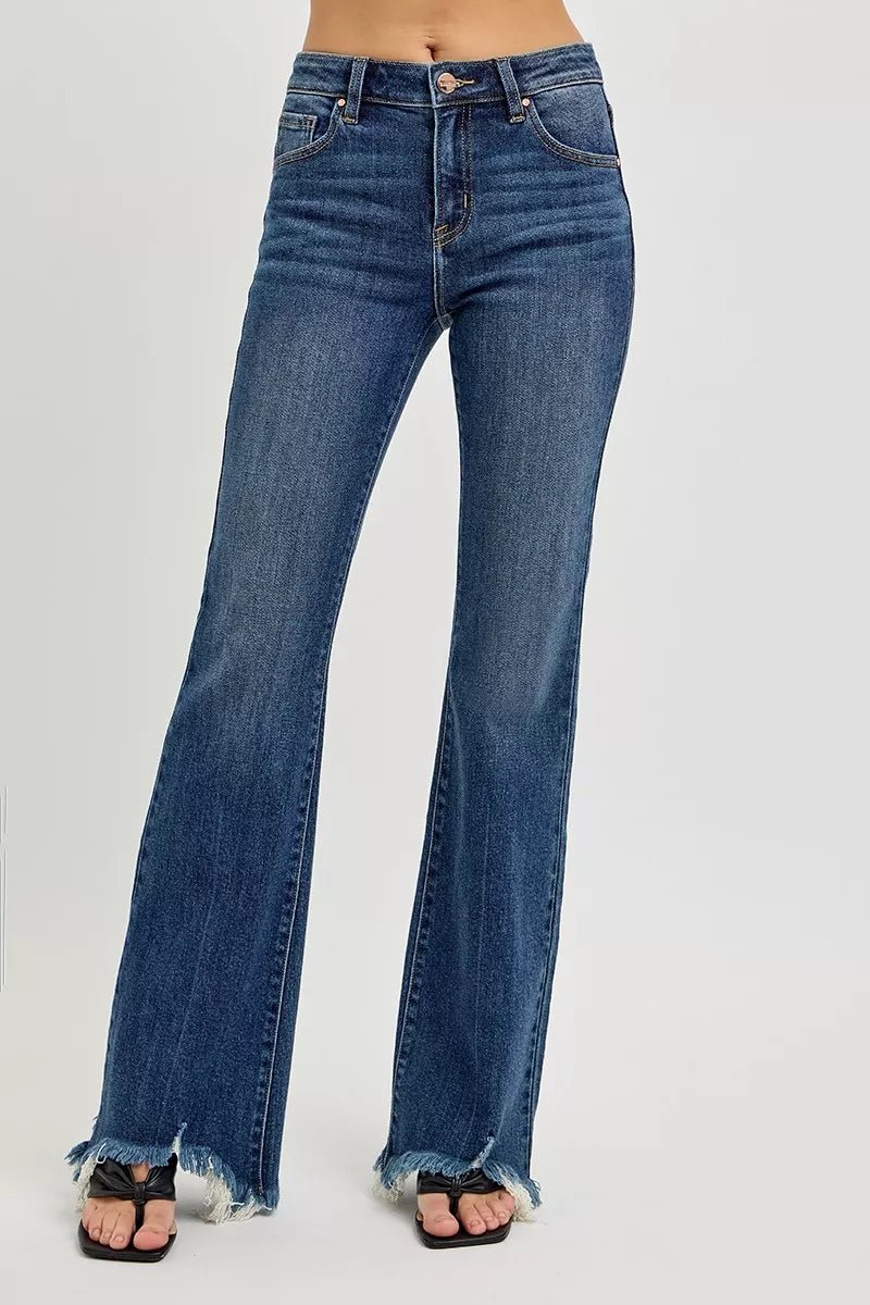 RISEN Full Size Mid Rise Flare Frayed Hem Jeans Plus Size - Bitsy Gypsy Boutique