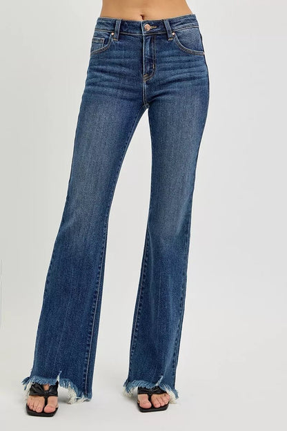 RISEN Full Size Mid Rise Flare Frayed Hem Jeans Plus Size - Bitsy Gypsy Boutique