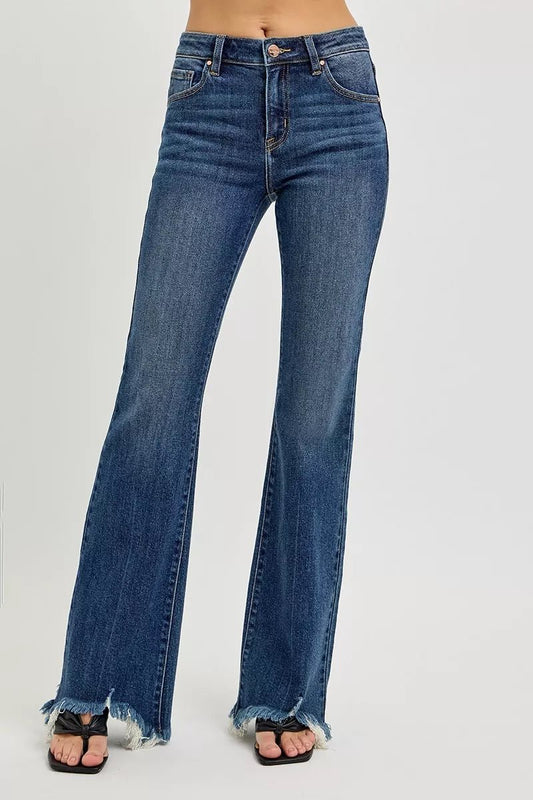RISEN Full Size Mid Rise Flare Frayed Hem Jeans Plus Size - Bitsy Gypsy Boutique