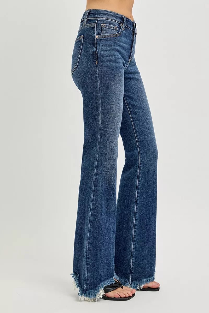 RISEN Full Size Mid Rise Flare Frayed Hem Jeans Plus Size - Bitsy Gypsy Boutique