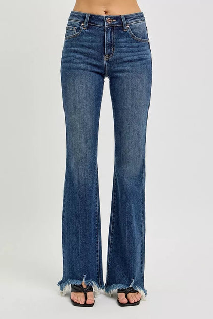 RISEN Full Size Mid Rise Flare Frayed Hem Jeans Plus Size - Bitsy Gypsy Boutique