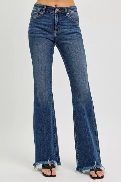 RISEN Full Size Mid Rise Flare Frayed Hem Jeans Plus Size - Bitsy Gypsy Boutique