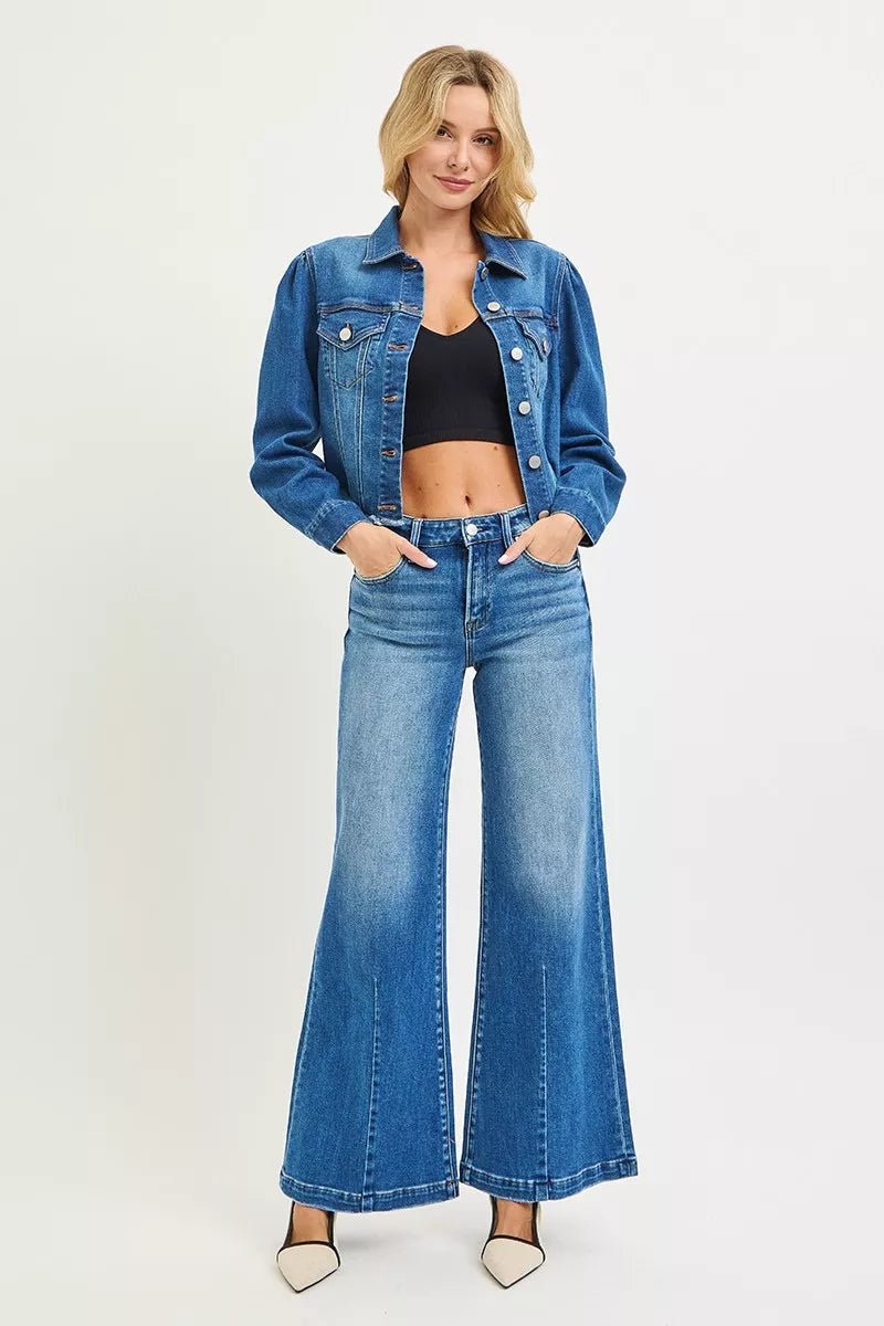 RISEN Full Size Mid Rise Wide Leg Jeans with Flared Look Plus Size - Bitsy Gypsy Boutique