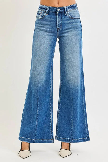 RISEN Full Size Mid Rise Wide Leg Jeans with Flared Look Plus Size - Bitsy Gypsy Boutique