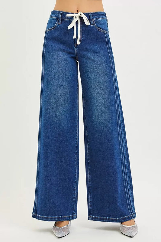 RISEN Full Size Mid Rise Wide Side Pintuck Jeans with Front Drawstring Plus Size - Bitsy Gypsy Boutique